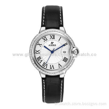 Fashion Ladies' Watch, Stainless Steel Case, Real Leather Strap, 3ATM Waterproof